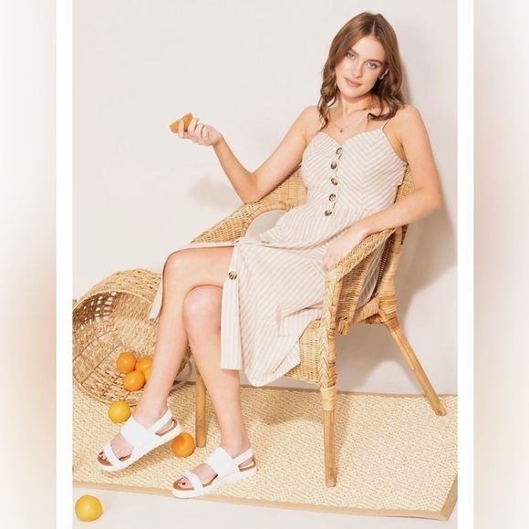 Pink Martini The Selena midi Dress in Beige stripes spaghetti straps size L - Picture 2 of 12